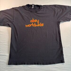 Obey Worldwide Graphic T-Shirt Mens Large Faded Black Yellow Red Streetwear Tee